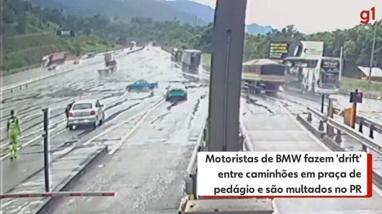VÍDEO: motorista de BMW faz 'drift' entre caminhões em praça de pedágio e é multado no Paraná