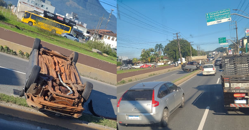 Carro capota na Avenida Waldemar Grubba, em Jaraguá do Sul