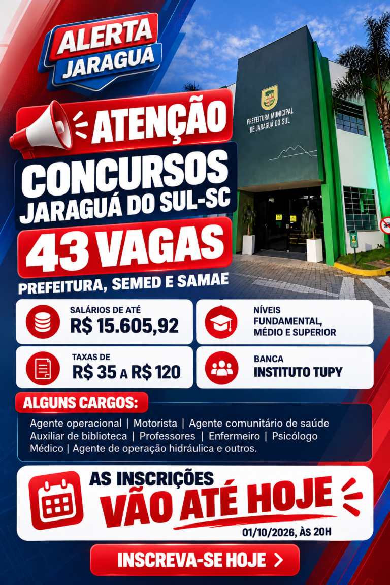 ÚLTIMO DIA: inscrições para concursos em Jaraguá do Sul terminam hoje